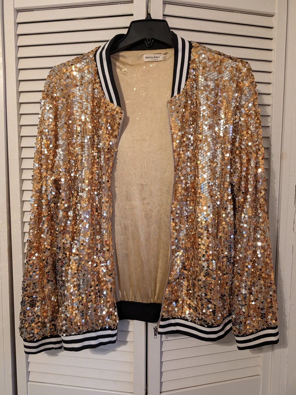 Anna-Kaci Gold Sequin Bomber Jacket with Striped Trim
